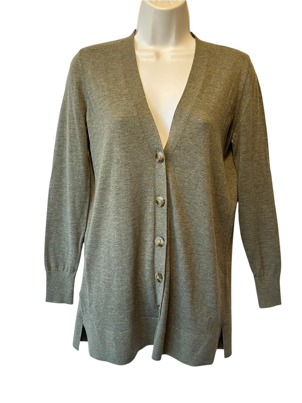 Loft button front cardigan sweater SP Small Petite Green V-neck Wool blend